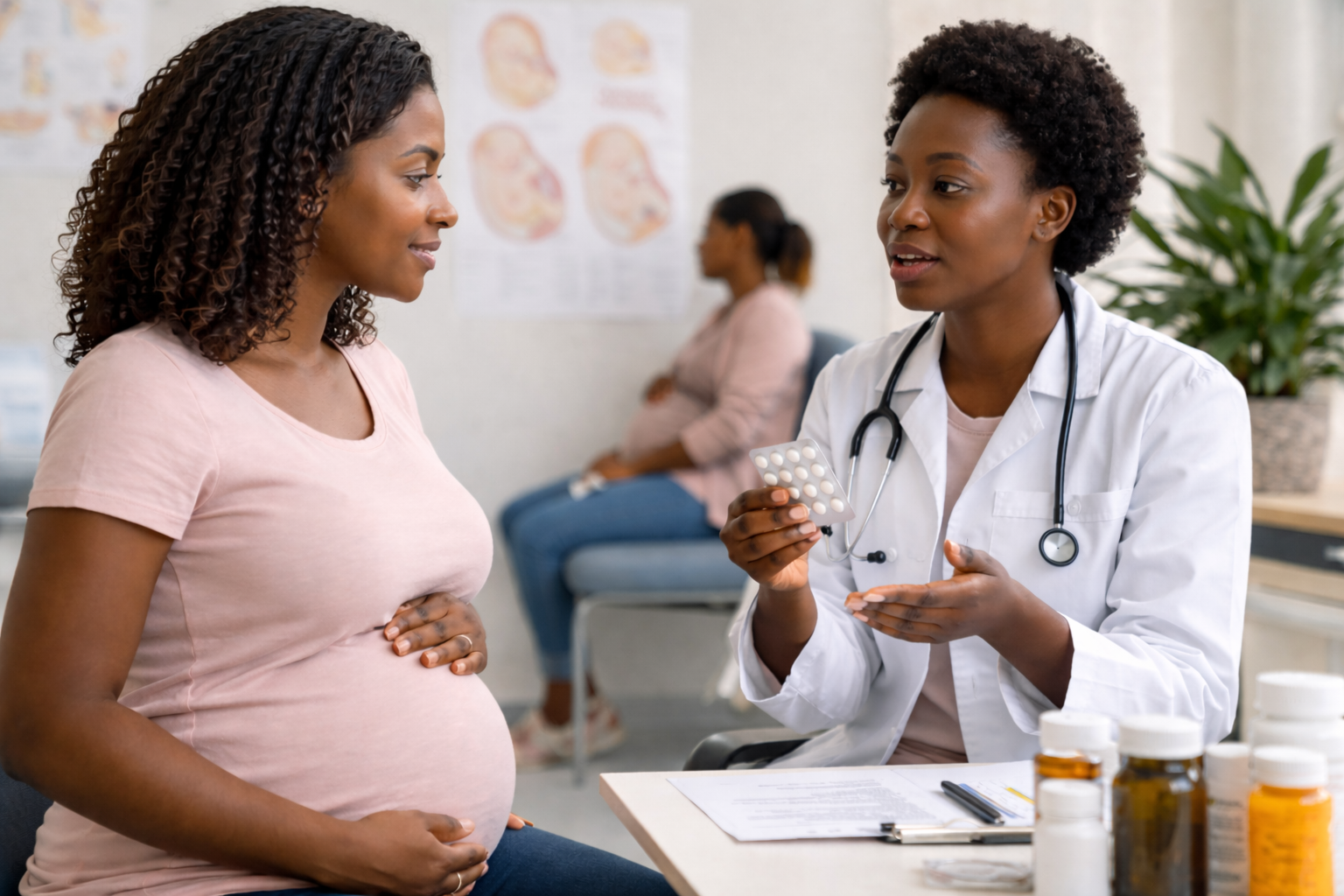 A doctor advising a pregnant woman about medication safety in pregnancy