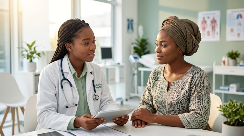 A Nigerian woman in a consultation with her female doctor, discussing PCOS and fertility treatment options.