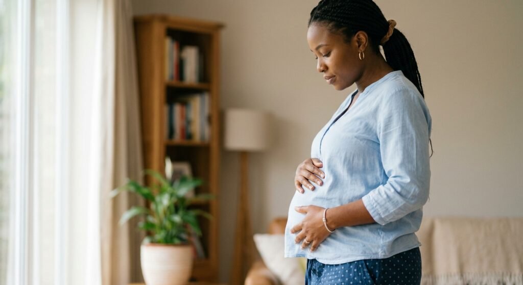 A Nigerian mother gently holding her postpartum belly, illustrating the topic of diastasis recti after childbirth.