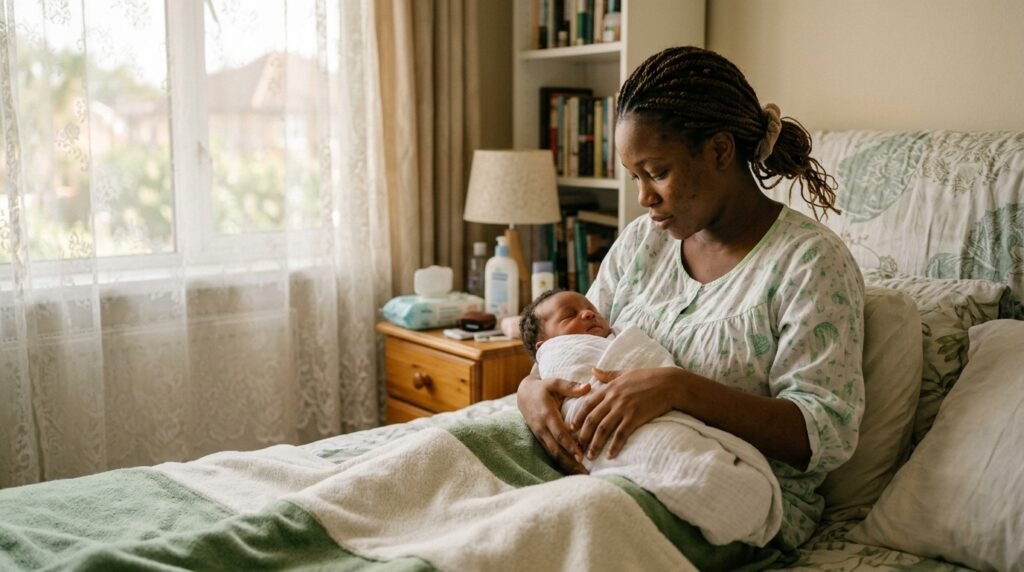 A Nigerian mother sitting quietly with her newborn at home, reflecting the emotional adjustment of early motherhood.