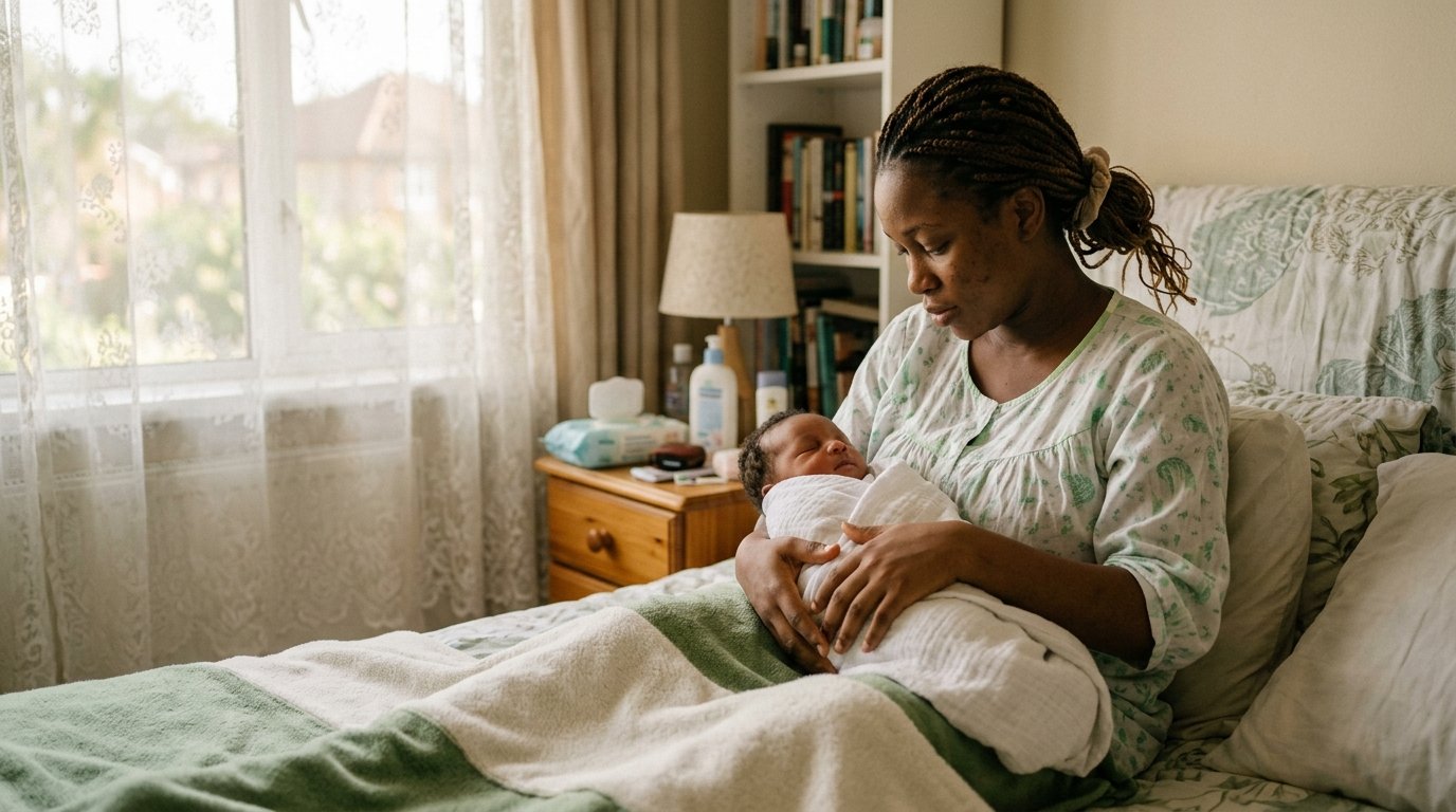 A Nigerian mother sitting quietly with her newborn at home, reflecting the emotional adjustment of early motherhood.